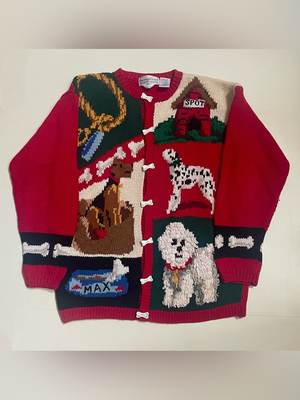 Vtg The Eagle's Eye Best Friends Dog Hand Knit Cardigan Sweater Women's Large